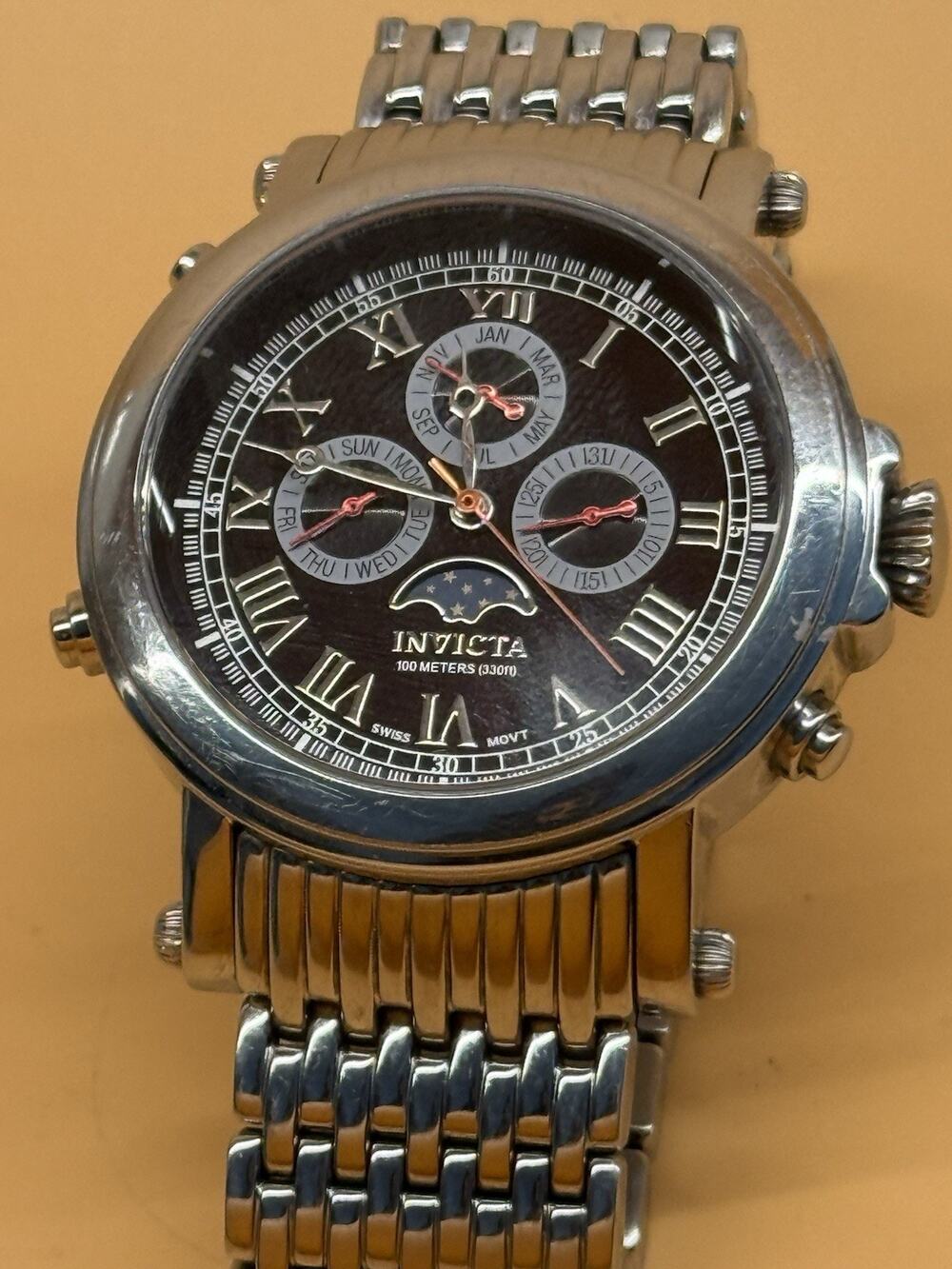 Invicta 4090 Triple Calendar Moonphase Black Dial Roman Numerals Stainless Watch
